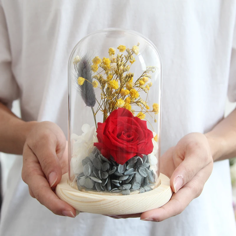

Beauty and the Beast Red Rose in a Glass Dome on a Wooden gold rose Lamp Dried flowers for Valentine's Gifts