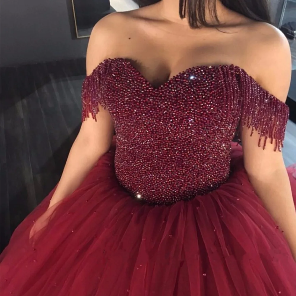 Real Photo Off The Shoulder Crystal Beaded Burgundy Wedding Dresses