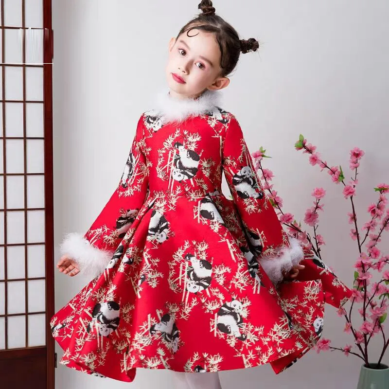 

Chinese Traditional Style Children Girls Red Color Birthday New Year Cheongsam Dress Baby Kids Elegant Evening Wedding Dress