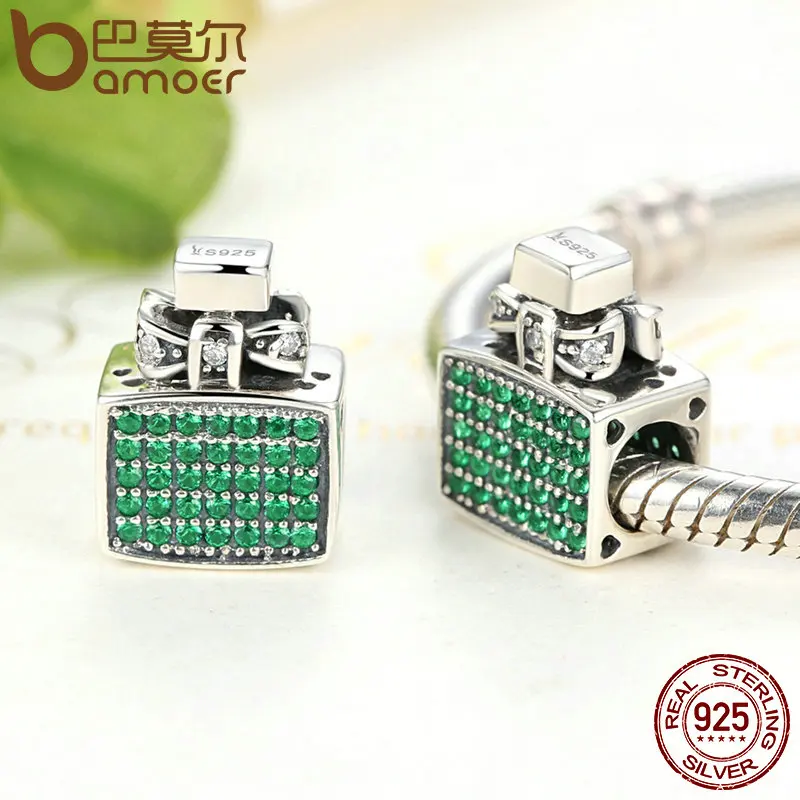 BAMOER Authentic 100% 925 Sterling Silver Green Perfume Bottle Bow Knot Bead Charms Fit Bracelets Jewelry SCC093