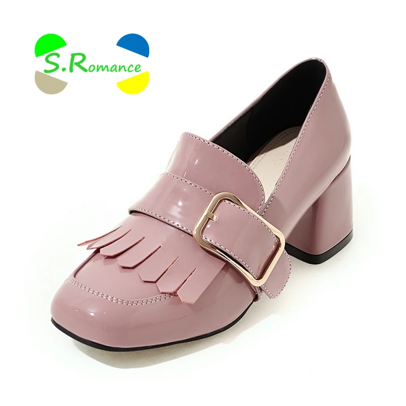 

S.Romance Women Pumps Size 34-43 Patent PU Square Heels Buckle Strap Leisure Woman's New Fashion Spring Shoes SH067
