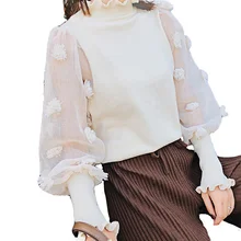 Новая женская футболка с длинным рукавом-фонариком, трикотажная Лоскутная футболка, женские весенние пуловеры со стойкой, женская модная повседневная футболка