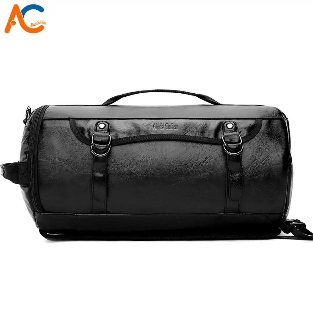 Alena Culian Casual Men&#39;s Dual Use Travel Bags Hand Luggage PU Leather Round Bucket Backpack For ...