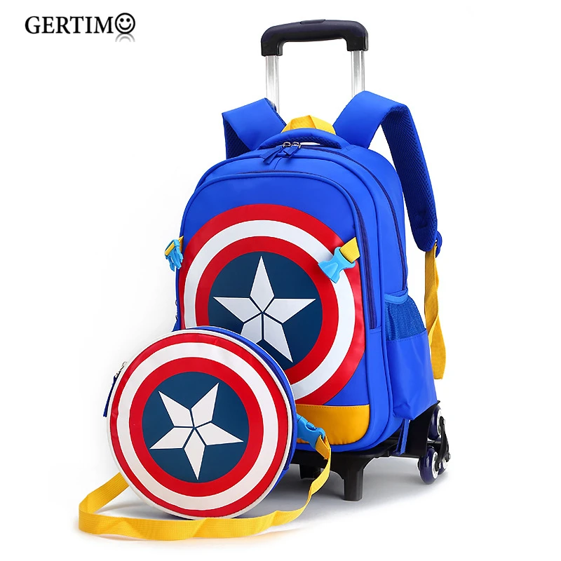 Новые начальные сумки-тележки для школы Капитан Америка Дети аниме рюкзак школьный ребенок с колесами; школьные сумки с тележкой