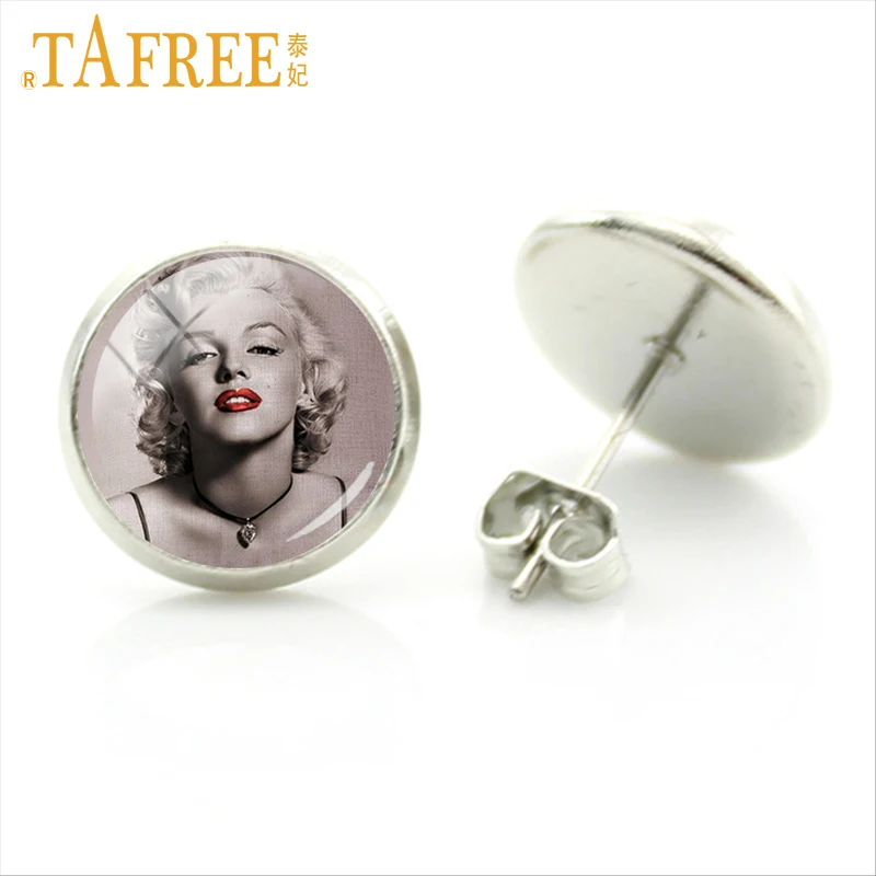 

TAFREE Movie Star Stud Earrings Cabochon Marilyn Monroe Audrey Hepburn Elvis cat King women earring Rhodium Plated jewlery A690