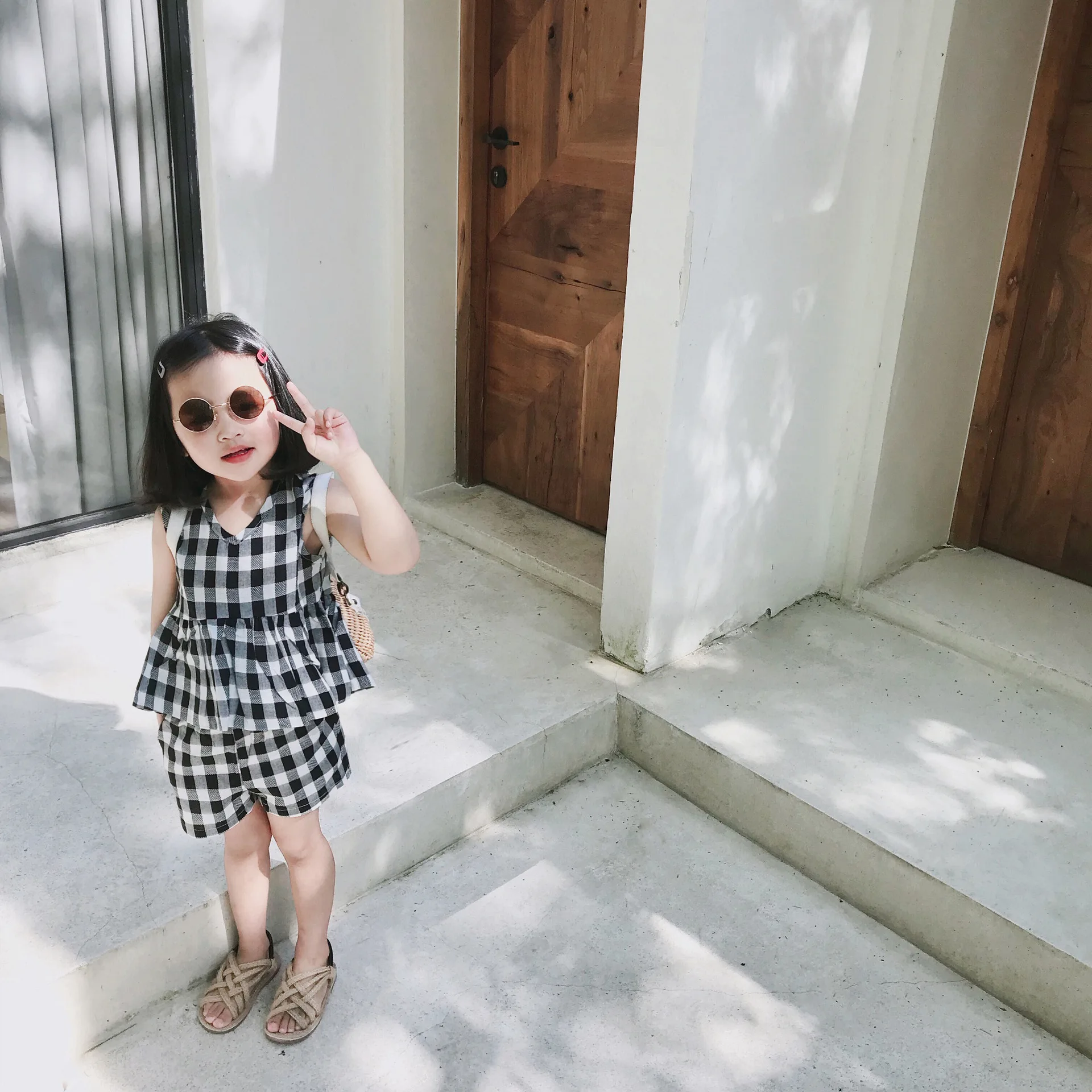 

Summer cute girls cotton linen plaid clothes sets 2019 sleevless vest and shorts 2pcs suits kids clothing