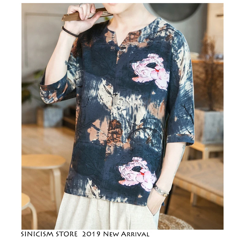 Магазин Sinicism мужские футболки с принтом в китайском стиле, мужские хлопковые льняной Топ Харадзюку, Мужская модная футболка с пряжкой, большие размеры