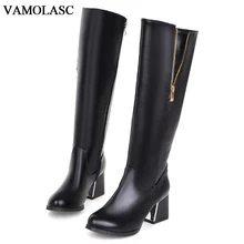 VAMOLASC New Women Autumn Winter Warm Leather Mid Calf Boots Zipper Square Med Heel Boots Platform Women Shoes Plus Size 34-42
