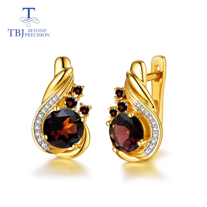 

TBJ,simple natural gemstone clasp earring in 925 sterling silver with red garnet round7.0mm earring office girls best gift box