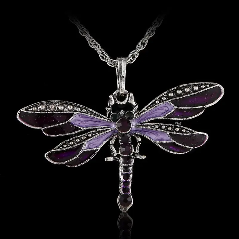 Ринху Женская бижутерия винтажный кристалл кулон ожерелье с милыми животными Подвеска стрекоза ожерелье - Окраска металла: purple
