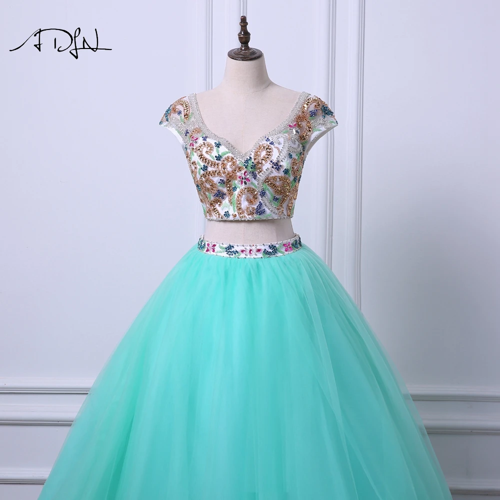 Quinceanera Dresses Two Pieces V-neck Cap Sleeve Vestido de Quinceanera Ball Gown Debutante Dress ADLN