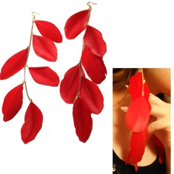 

1 Pair Summer Hot Sexy Long Tassels Bohemia green Red Feather Earring female Girl Dangle Drop Earrings
