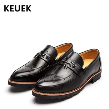 

Spring Autumn Men Dress shoes Pointed Toe Slip-On British style Brogue shoes Male Flats Office Business leather shoes 033