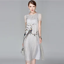 Шелковое женское платье с изысканной вышивкой, однотонное, с круглым вырезом, с короткими рукавами, прямое, элегантное, в китайском стиле, новая мода, весна
