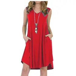 Лето 2019 Женская мода без рукавов Свободный Повседневный платье v-образный вырез свободные мини платье-футляр черный красный однотонный