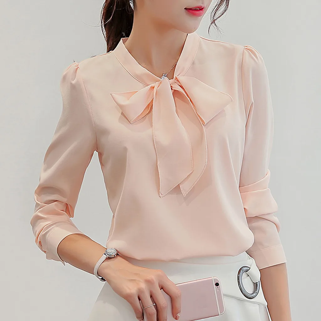 

Harajuku New Spring Summer Blouse Women Long Sleeve Shirts Fashion Leisure Chiffon Shirt Bow Office Ladies Pink White Tops F705