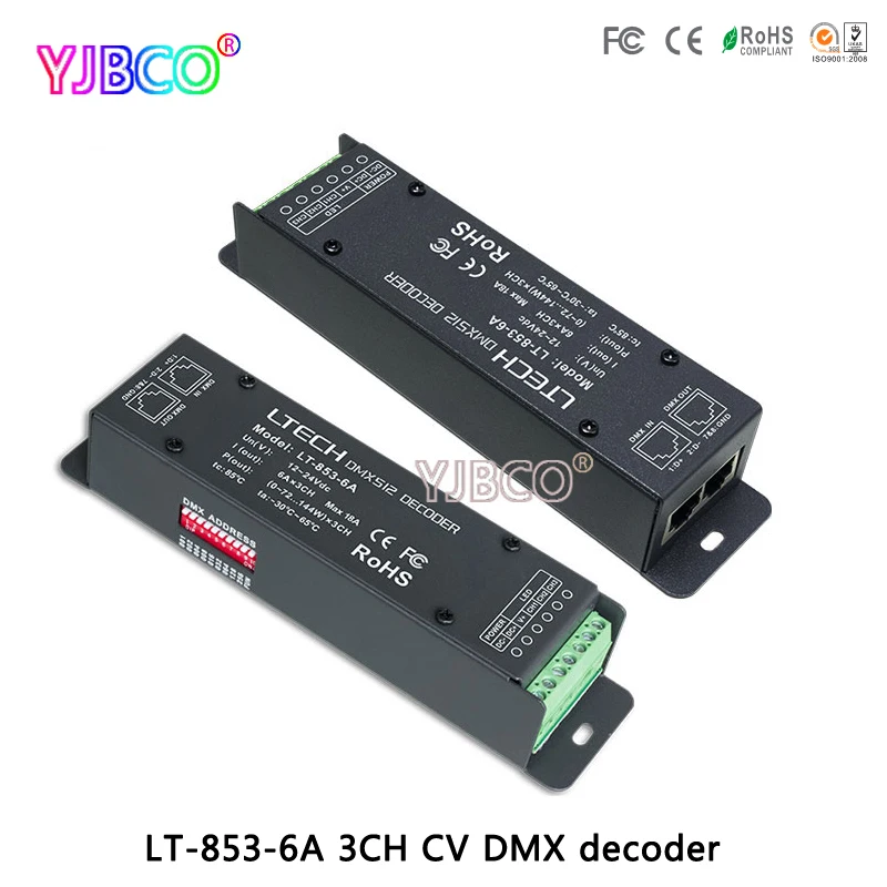

LTECH LT-853-6A 3CH CV DMX decoder DMX-PWM DC12-24V input;6A*3CH Max 18A output for RGB LED lights