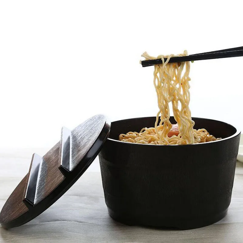 Japanese Soup Noodle Bowl With Lid Black Matte Wood Grain Large Ramen Melamine Bowl Food