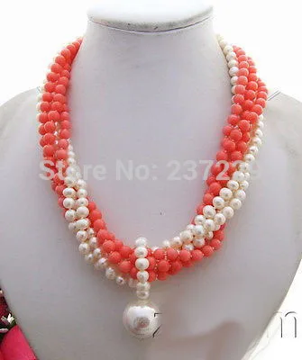 

Wholesale ##Charming! 6Strads Pearl&Coral&Sea Shell Pearl Necklace