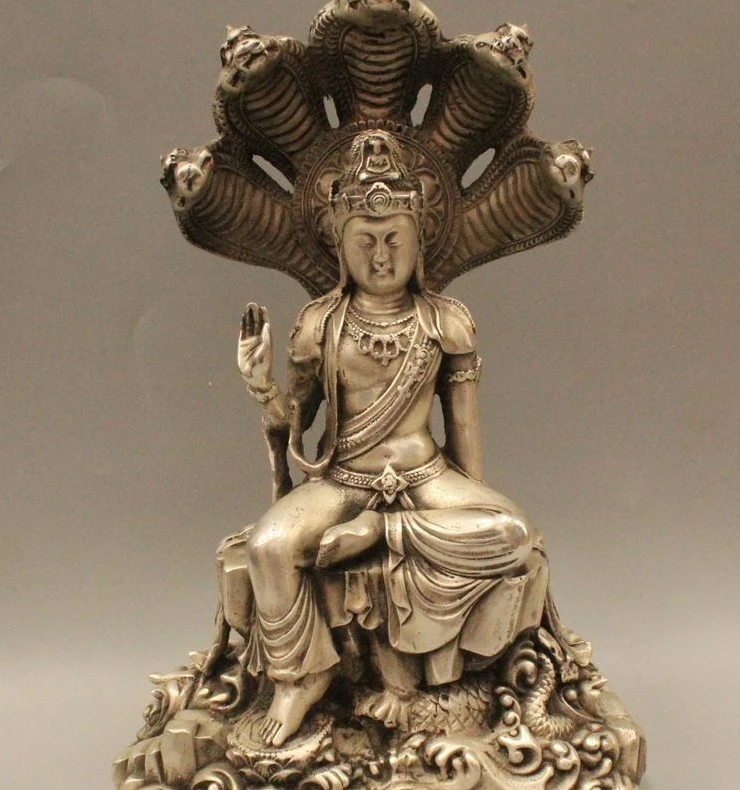 

11" Tibet Tibetan Buddhism Silver Seat 5-Heads Snake Naga Kanya Statue Sculpture