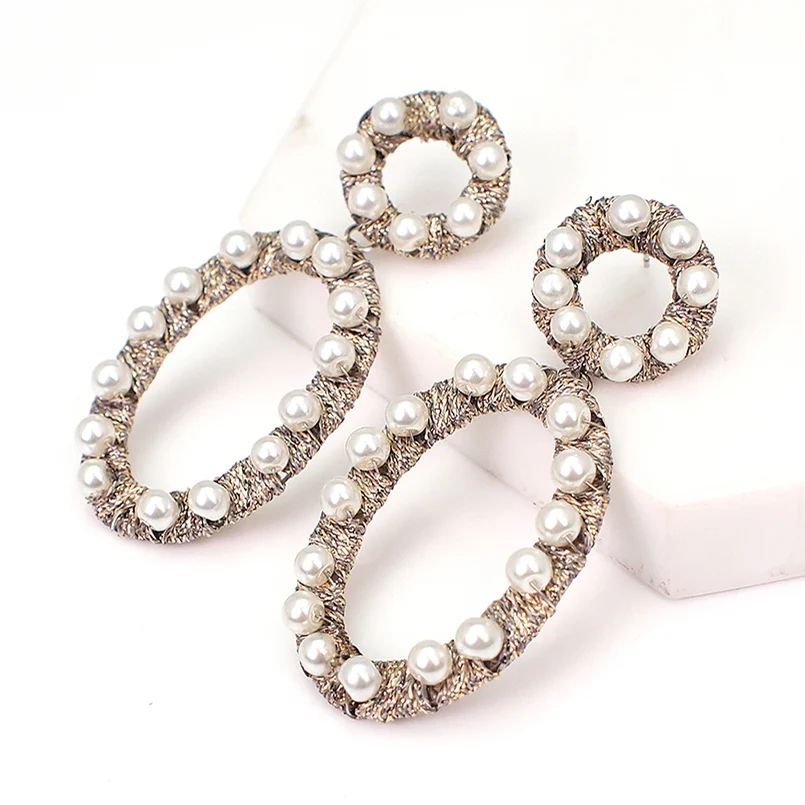 MANILAI Imitation Pearl Dangle Earrings Fashion Silk Thread Wrap Alloy Statement Earrings For Women Charm Jewelry Accessories