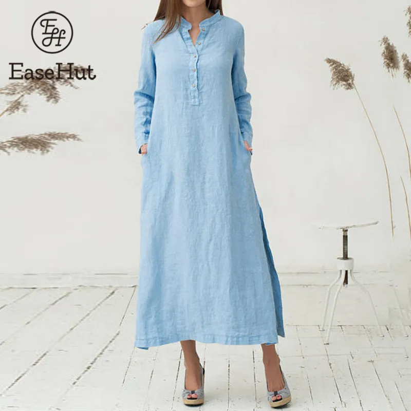 

EaseHut White Blue Long Sleeve Maxi Tshirt Dress for Women Stand Collar Buttons Slit Casual Long Dress Plus Size Autumn Dresses