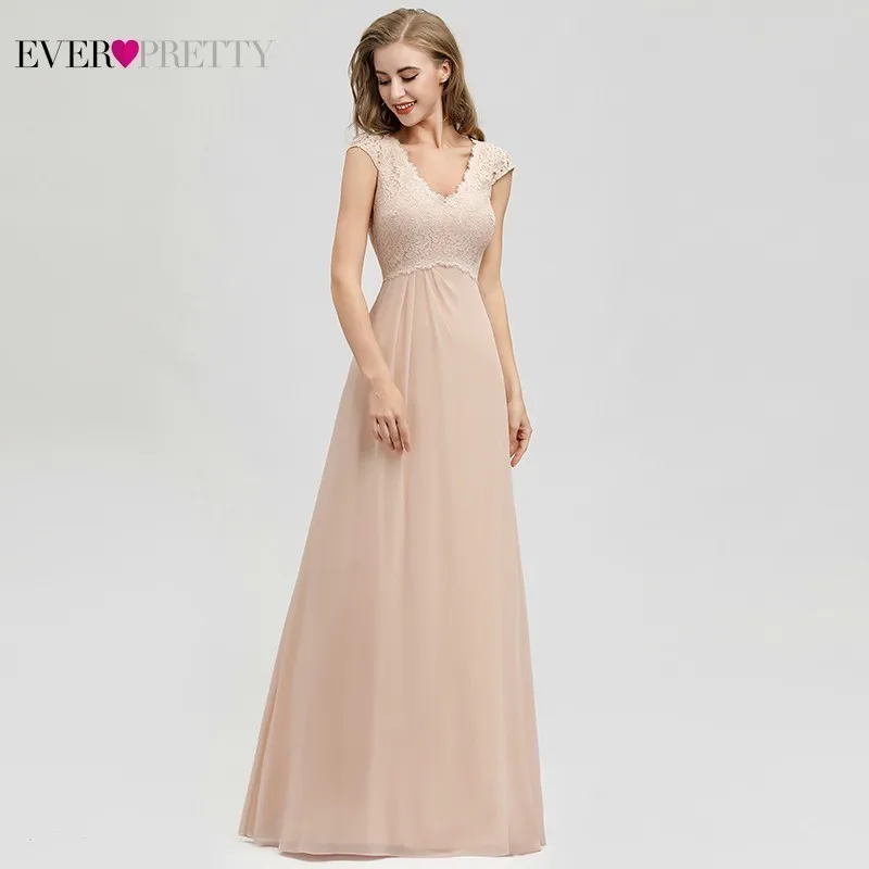 

Robe De Soiree Ever Pretty Blush Evening Dresses Long A-Line V-Neck Appliques Elegant Lace Formal Dresses For Party Abiye 2019