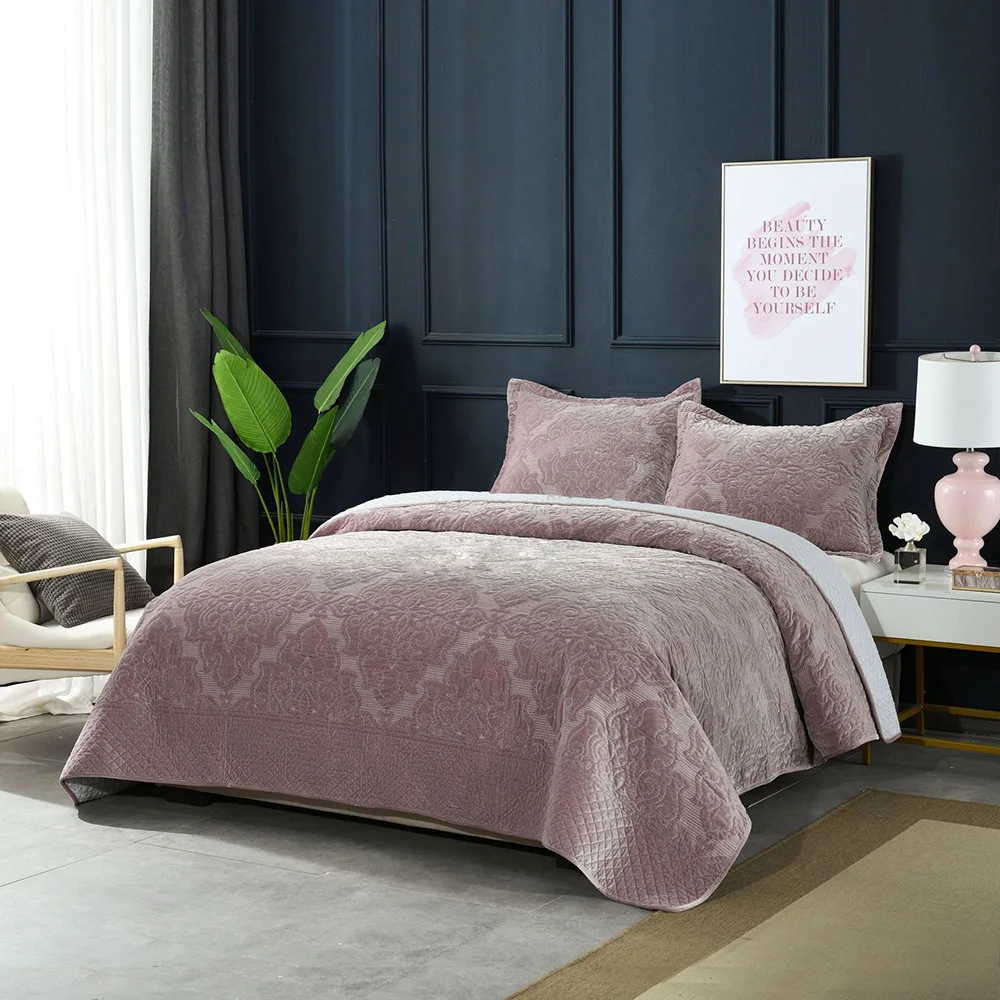 Luxury Flannel Bedspread Quilt Set 3pcs Winter Coverlets Embroidery