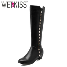 WETKISS Super Big Size 34-50 Med Heels Sexy Rivets Knee Boots For Women Fall Winter Boots Leisure Women Boots Shoes Woman