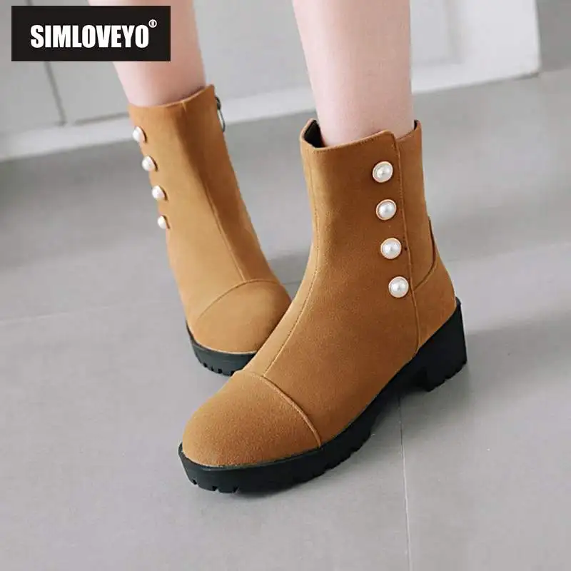 

SIMLOVEYO Spring Autumn ankle boots zip High Heels shoes woman round Toe boot Zipper Style Flock booties Women Boots botas B955