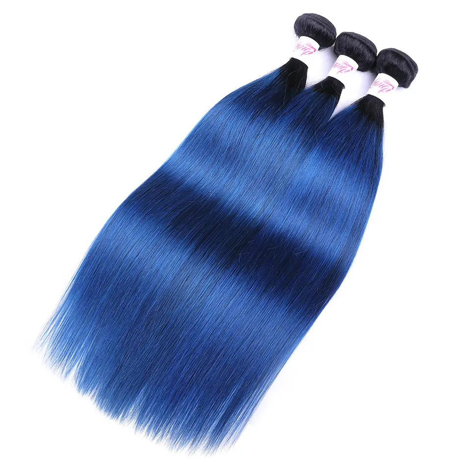 

Brazilian Straight Hair 2 Tone 1b Blue Dark Roots Ombre Human Hair Weave 3 Bundles Deals 12-24Inch Lanqi Non Remy Hair Extension