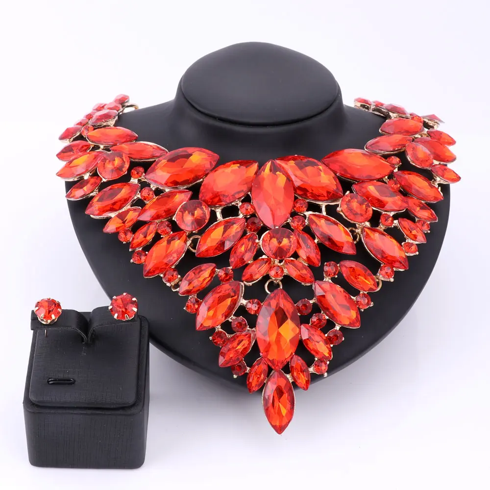 

Luxury Gold Color Red Crystal Bridal Statement Jewelry Set For Brides Necklace Earring Wedding Party Accessories Jewelry Sets