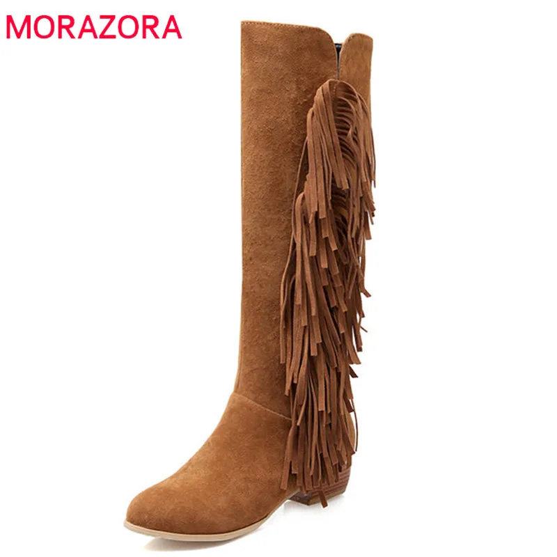 Goedkoop MORAZORA Nieuwe collectie 2018 knie hoge laarzen vrouwen flock ronde neus herfst winter laarzen rits Kwasten mode schoenen vrouw zwart