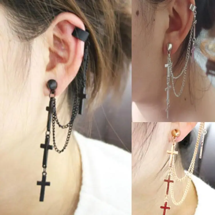 Trendy Jewelry Gothic Punk Style Cross Tassel Chains Ear Cuff Women Ear