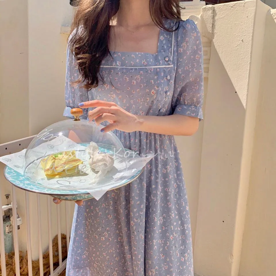

Romantic Sweet Girl Square Neck Dress Chiffon a Line Summer Vocation Princess Long Dress Robe Longue Vestido Largo Vestiti Lunga
