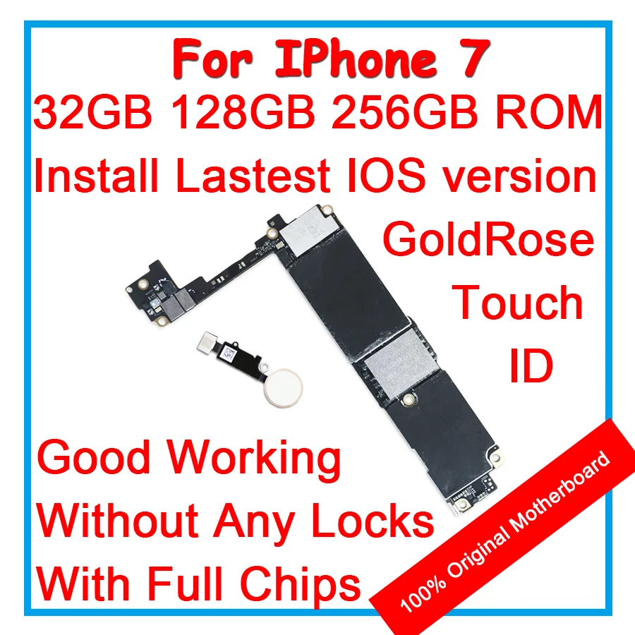 

For iPhone 7 Original Motherboard 32GB 128GB 256GB 100% Unlocked Mainboard With Goldrose Touch ID Logic board With All Chips