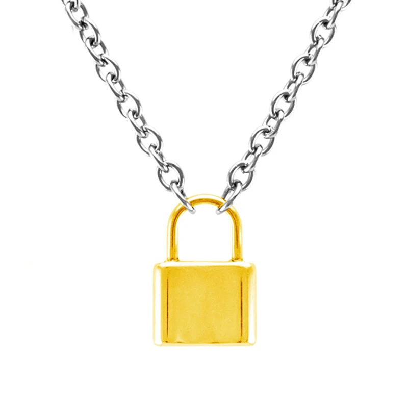 Women Jewelry yellow gold color PadLock pendant Lock necklace Brand new Stainless Steel Rolo