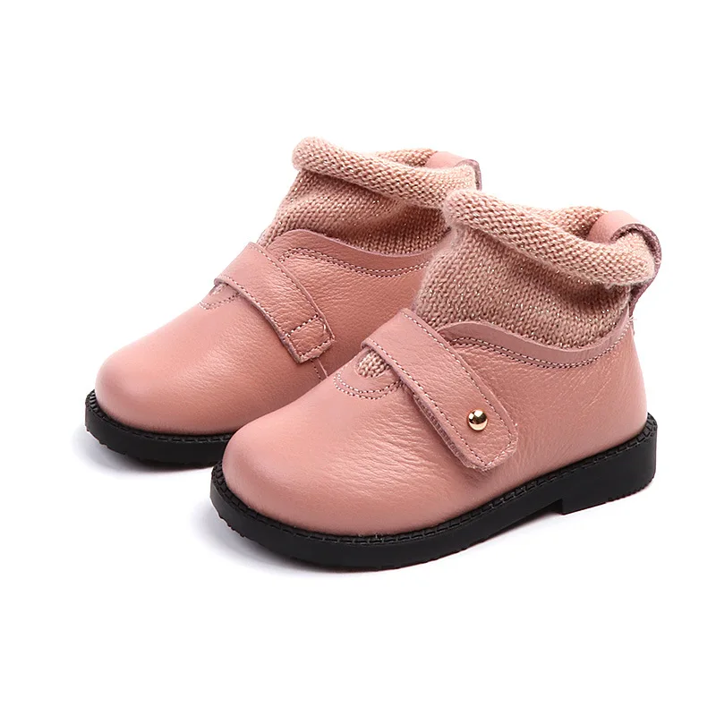 

Kalupao Children Shoes Turnup Ankle Leather Winter Boots for Girls Pink Warm Knit Girl Fashion Boots Hook & Loop Boots Children