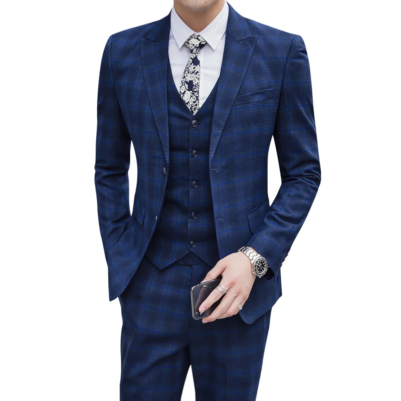 

(jacket + vest + trousers) men's fashion blue plaid groom's wedding dress suit/men's casual business suit Large size S - 5 xl