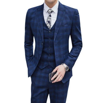 

(jacket + vest + trousers) men's fashion blue plaid groom's wedding dress suit/men's casual business suit Large size S - 5 xl