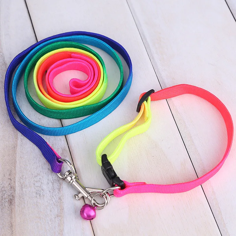 Lovely Rainbow Color Nylon Cat Dog Collar Leash Set Walking Pets