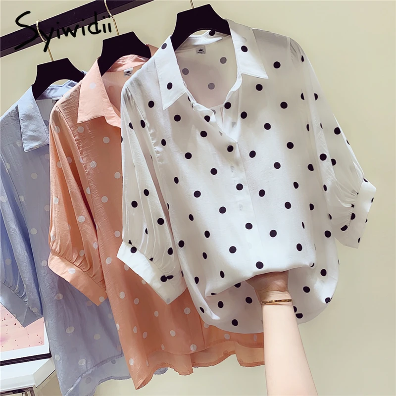 

Batwing Half Sleeve Dot Printed Blouse Women 2019 Summer Turn Down Collar Blouses Casual Office Ladies White Blue Orange Shirts