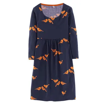 

2018 summer new women's retro seven-point sleeves round neck blue bird printing temperament dress