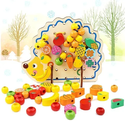 

FBIL-MWZ Wooden Fruits and Vegetables Lacing & Stringing Beads Toys with Hedgehog Board for Above 3 Years Old Kids
