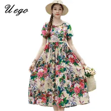 Uego estampado de moda Floral Prairie Chic Vintage Vestido de manga corta de algodón de lino suelto vestido de verano mujeres Casual Midi vestido de fiesta