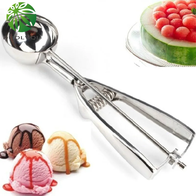 

Duolvqi Kitchen Ice Cream Mash Potato Scoop Creative Stainless Steel Fruits Watermelon Spoon Spring Handle Kitchen Accessories