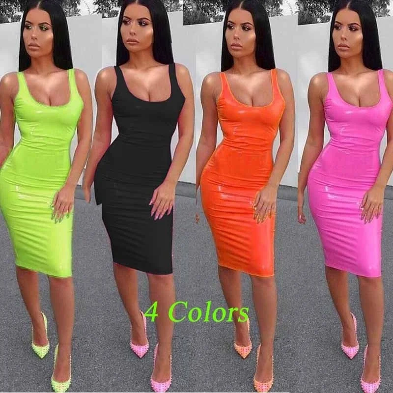 

Fashion Woman Metallic Leather Sleeveless Sling Dress PU Nightclub Dress Ladies Party Dress