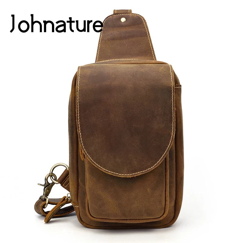 

Johnature 2020 New Genuine Leather Men Chest Bags Cow Leather Vintage Leisure Crazy Horse Leather Cover Outdoor Crossbody Bags
