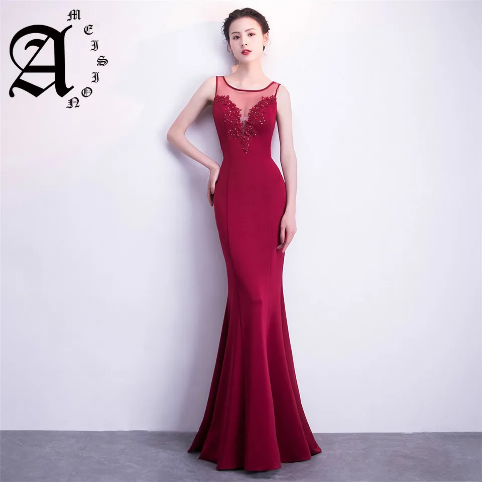 

See-through lace Party gown Sleeveless O-neck Embroidery Evening dresses Crystal Floor-length trumpet Prom dress