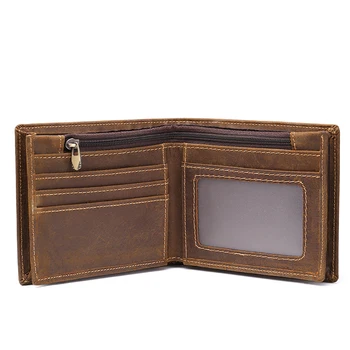

Men's crazy horse leather pocket wallet Brown genuine leather wallets with zipper pocket short bifold cowhide male purse L8891